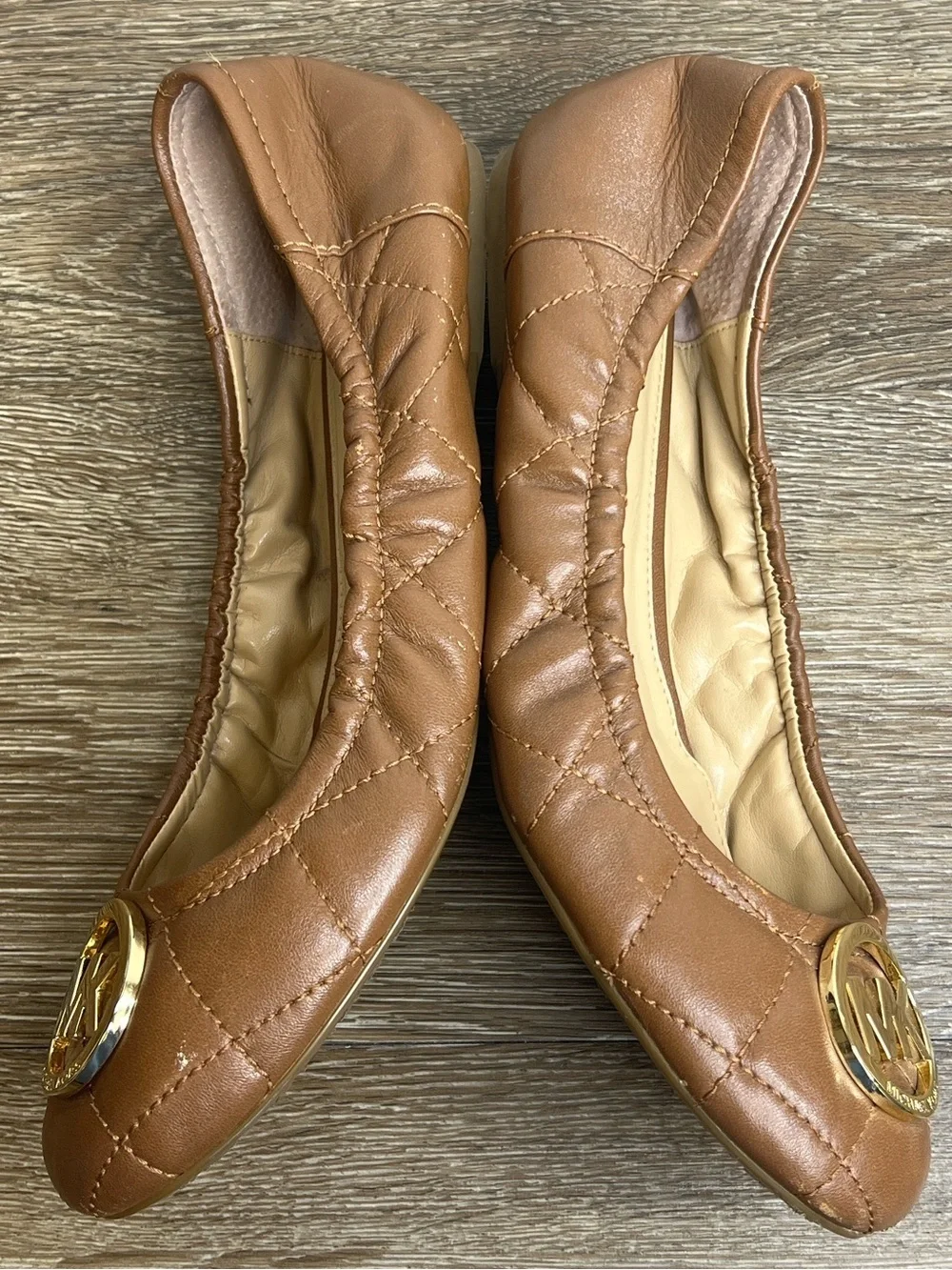 Michael Kors Quilted Leather Ballet Flats Brown Gold Logo | Women’s 8.5